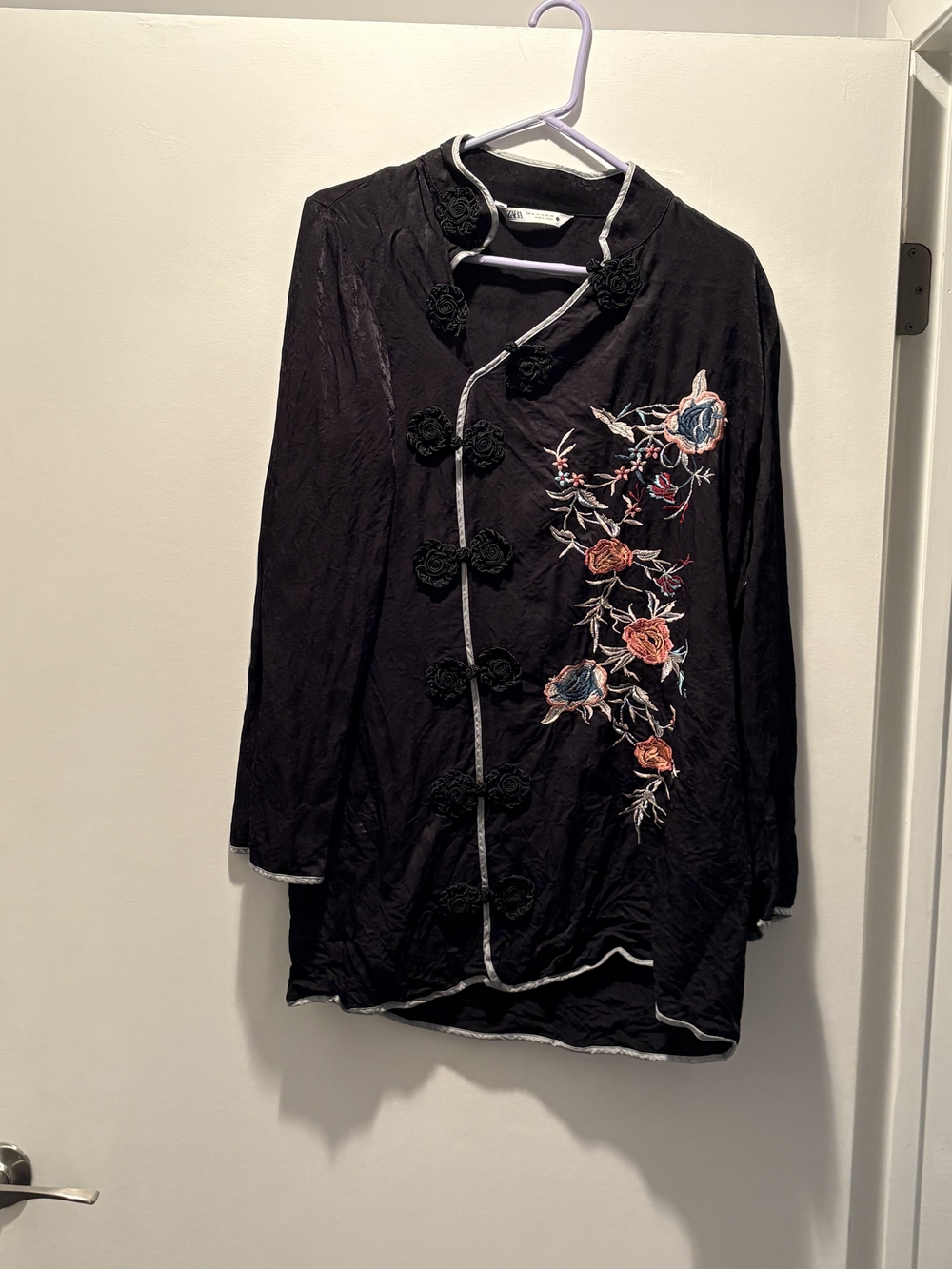 Zara Black Embroidered Floral Frog-Closure Jacket